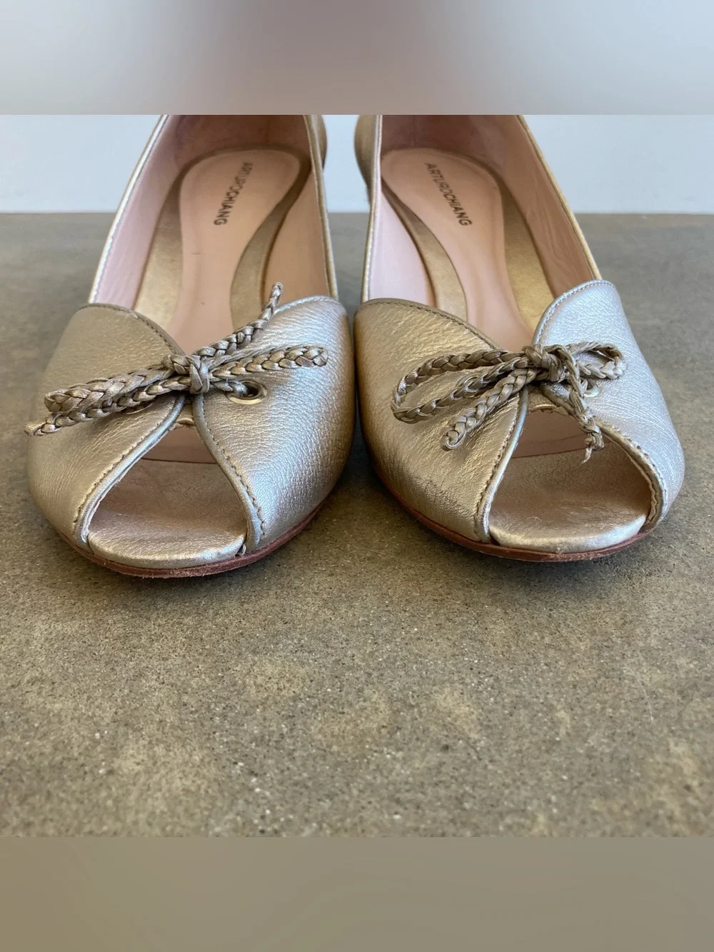 Gold Leather Wedge Heel Espadrille Peep Toe Shoes Size 9.5